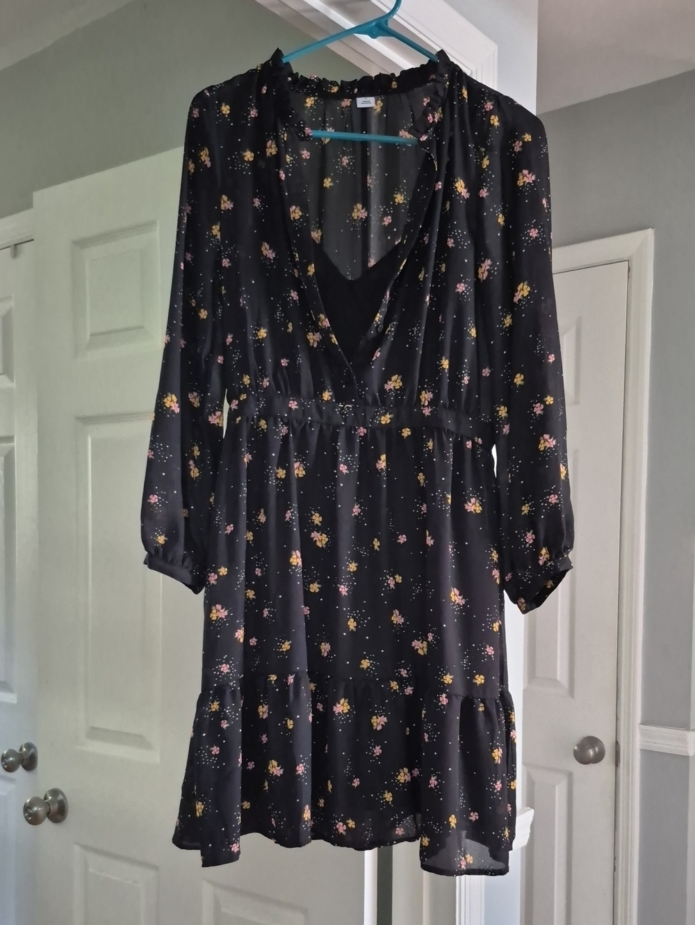 Old Navy Black Floral V-Neck Tiered Dress with Pink and Yellow Print